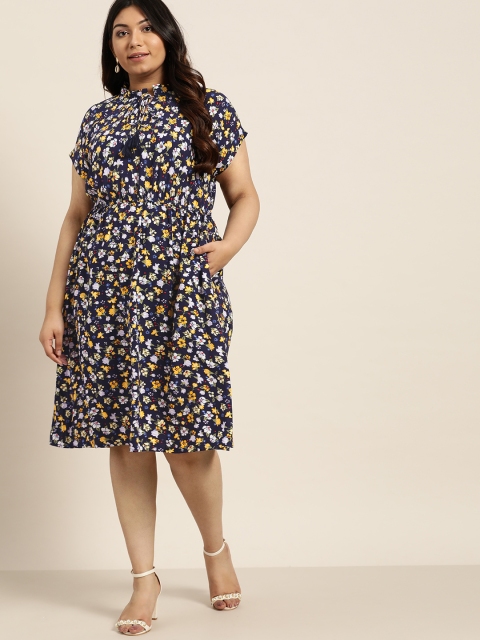 

Sztori Plus Size Women Navy Blue Yellow Floral Printed A-Line Dress