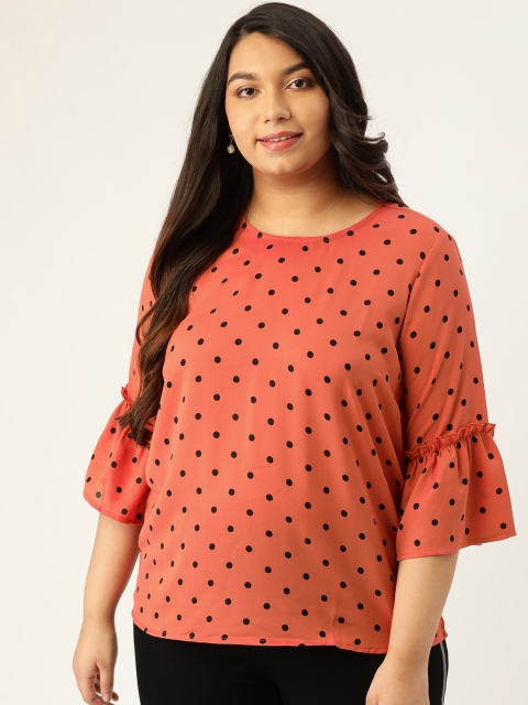 

Sztori Plus Size Women Pink Black Polka Dots Printed Top