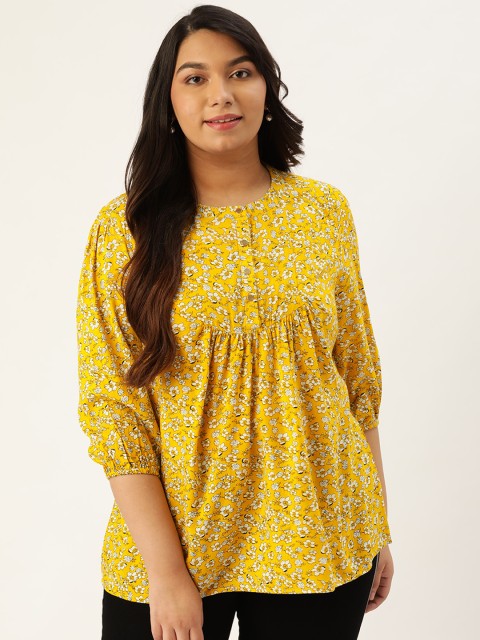 

Sztori Plus Size Women Yellow White Floral Printed A-Line Top