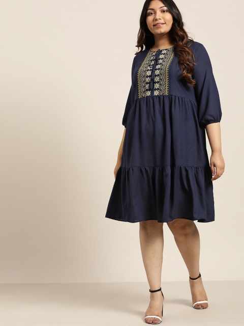 

Sztori Plus Size Women Navy Blue Embroidered Detail A-Line Dress