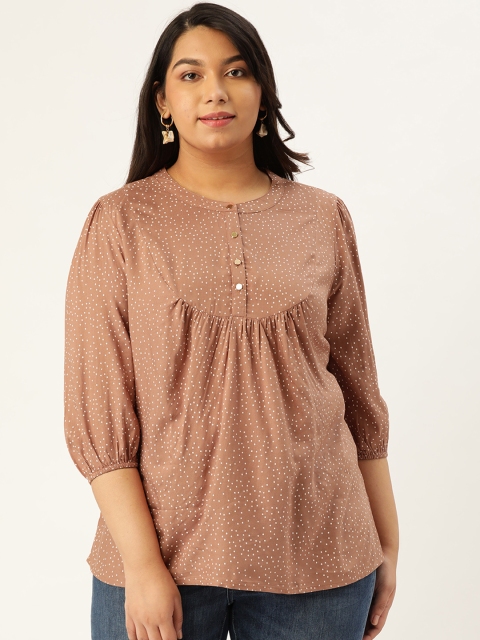 

Sztori Plus Size Women Beige White Micro Ditsy Printed A-Line Top