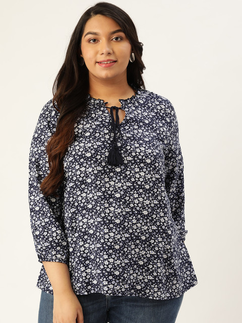 

Sztori Plus Size Women Navy Blue White Floral Printed Top