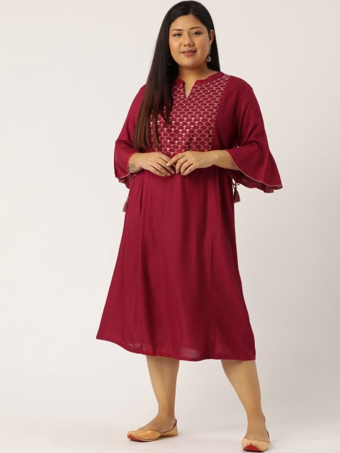 

Sztori Plus Size Women Maroon Beige Yoke Embroidered A-Line Dress
