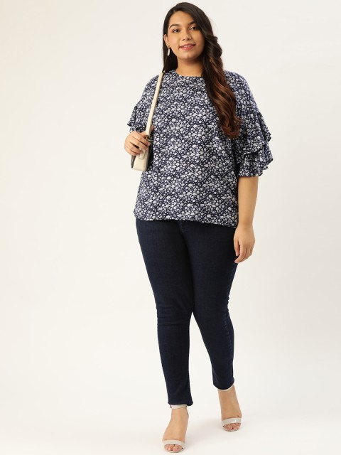 

Sztori Plus Size Women Navy & White Floral Print Top, Navy blue
