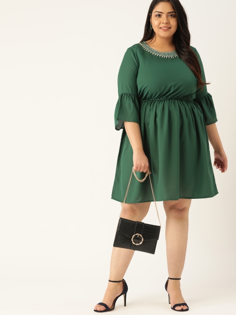 

Sztori Women Plus Size Green Solid Empire Dress with Embroidered Detail