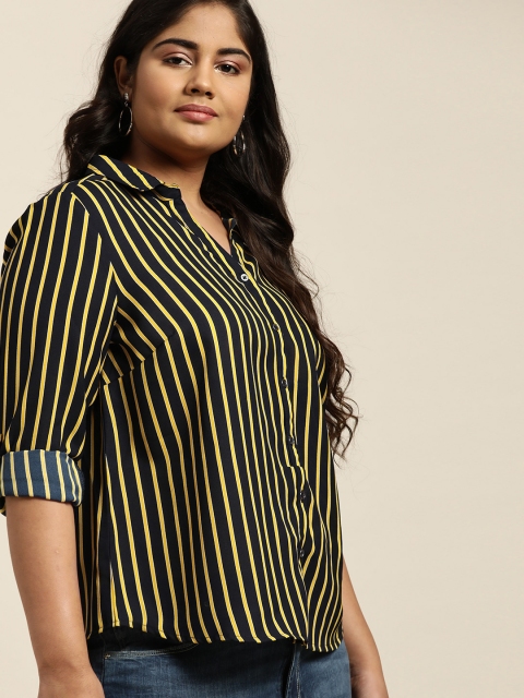 

Sztori Women Navy Blue & Yellow Regular Fit Striped Plus Size Casual Shirt