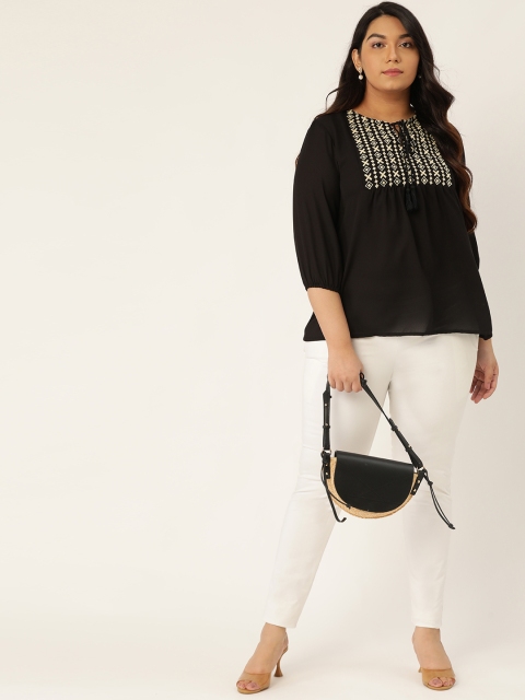 

Sztori Women Black & Off White Embroidered Plus Size A-Line Top