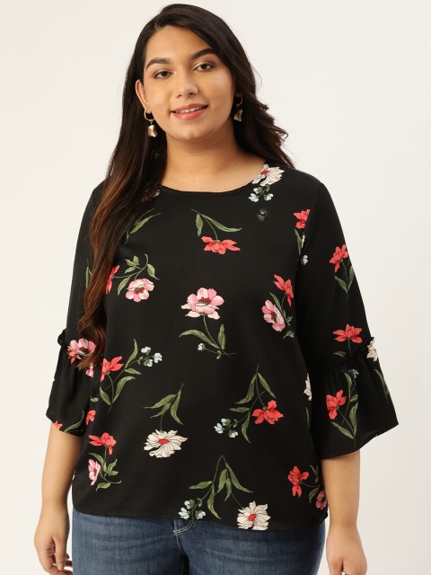 

Sztori Plus Size Women Black White Floral Printed Top