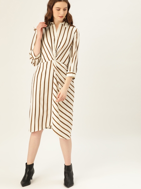 

United Colors of Benetton Women Cream & Brown Striped A-Line Dress