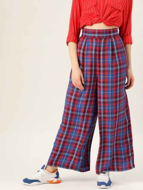 

United Colors of Benetton Women Blue & Red Regular Fit Checked Parallel Trousers