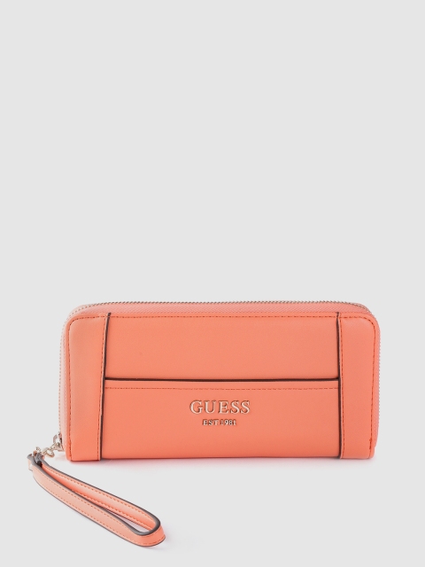 

GUESS Women Coral Orange Solid Zip Around Wallet