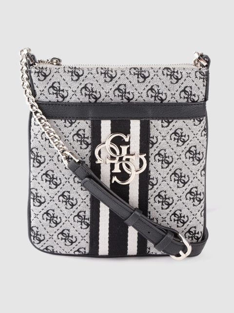 

GUESS Grey & Black Brand Logo Self Design Sling Bag