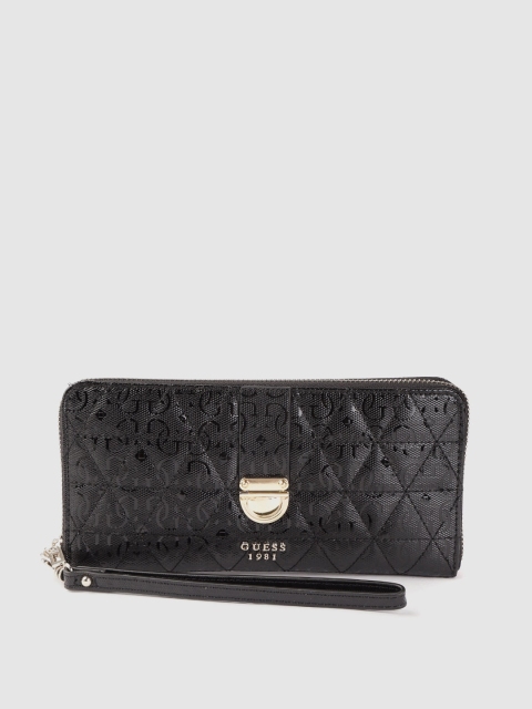 

GUESS Women Black Quilted & Printed Zip Around Wallet With Wrist Loop