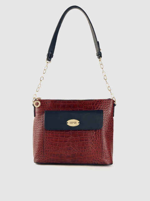 

Hidesign Maroon & Navy Blue Croc-Textured Leather Shoulder Bag