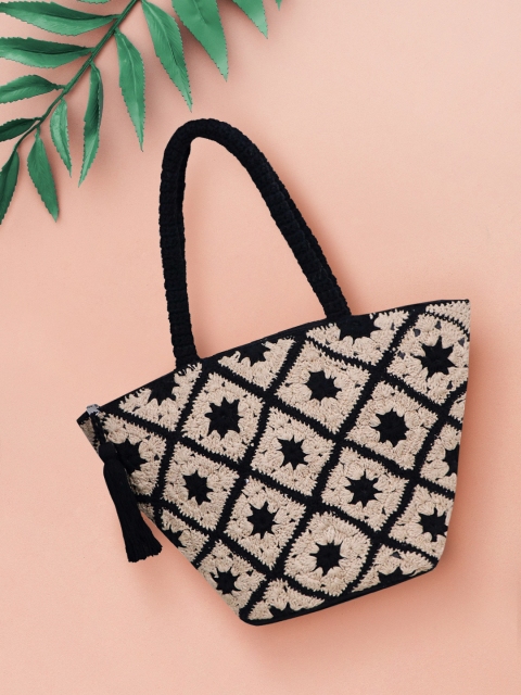 

Diwaah Beige & Black Self Design Tote Bag