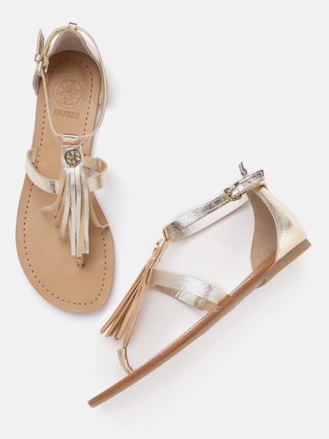 

GUESS Women Gold-Toned Tasselled T-Strap Flats