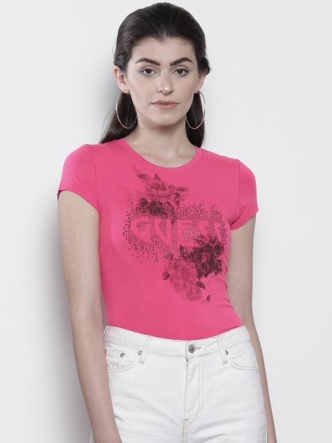 

GUESS Women Pink & Black Printed Round Neck T-shirt