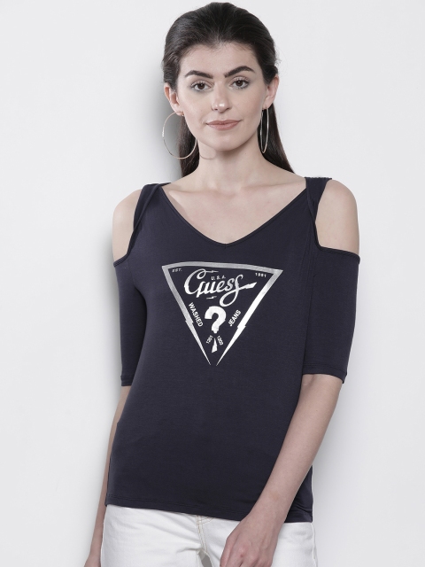 

GUESS Women Navy Blue & Silver Printed Cold-Shoulder Regular Top