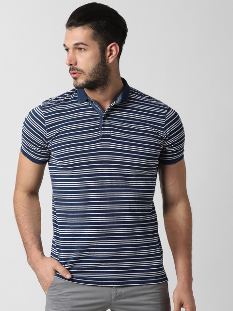 

Peter England Men Navy Blue & White Striped Polo Collar T-shirt