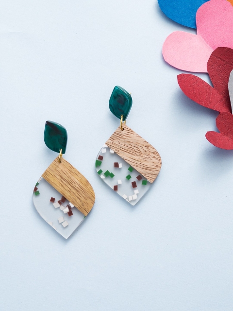 

Golden Peacock Green & Brown Leaf Shaped Drop Earrings