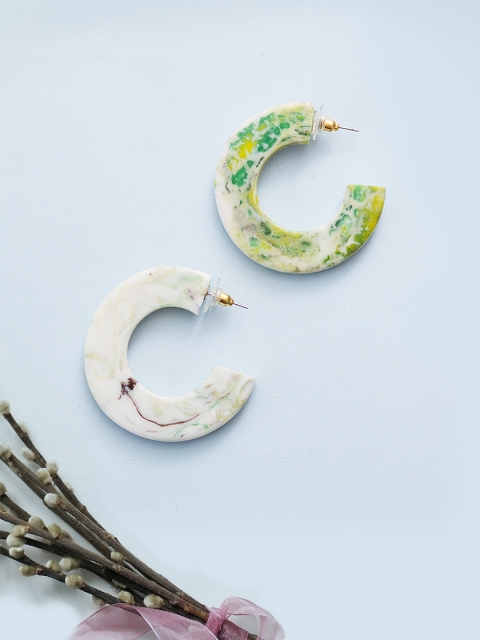 

Golden Peacock White & Green Handcrafted Circular Half Hoop Earrings