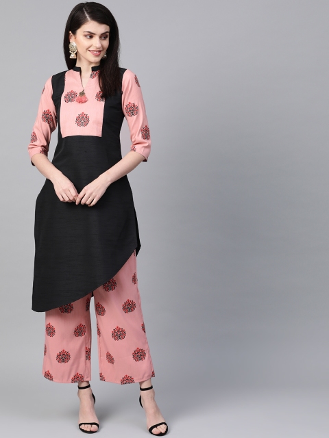 

ZIYAA Women Black & Pink Yoke Design Screen Print Kurta with Palazzos