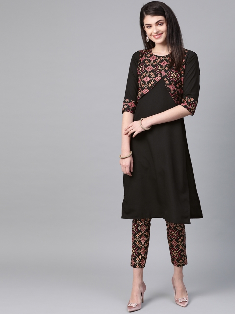 

ZIYAA Women Black & Golden Yoke Design Foil Printed Kurta with Trousers