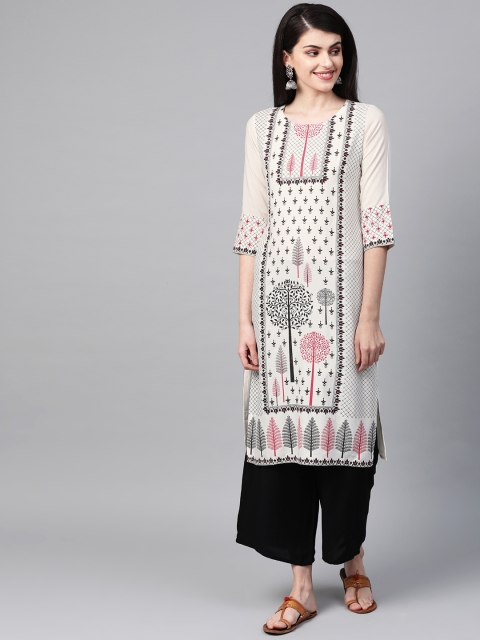 

ZIYAA Women Off-White & Black Khari Printed Kurta with Palazzos