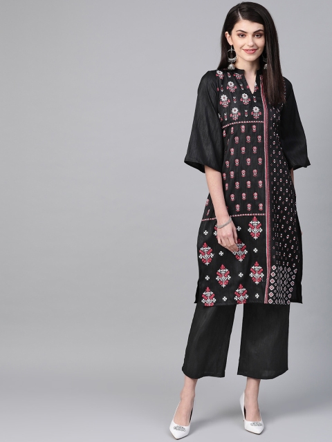 

ZIYAA Women Black & Pink Printed Khari Printed Kurta with Palazzos