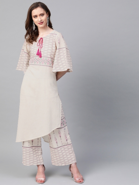 

ZIYAA Women Off-White & Pink Khari Printed Yoke Design Kurta with Palazzos