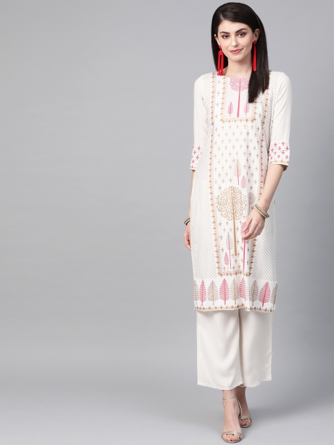 

ZIYAA Women Off-White & Golden Foil Printed Kurta with Palazzos