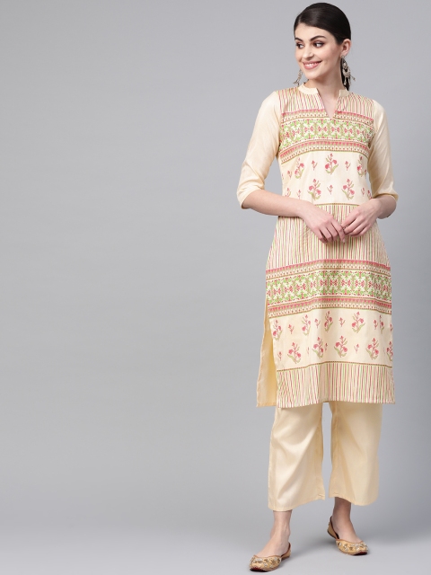 

ZIYAA Women Cream-Coloured & Pink Khari Print Kurta with Palazzos