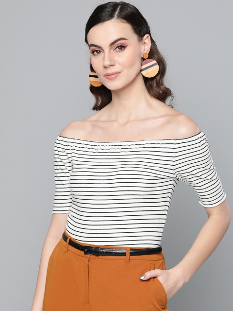 

Trend Arrest Women White & Black Striped Bardot Top
