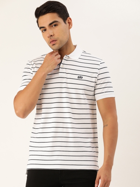 

GAP Men White & Navy Blue Striped Polo Collar T-shirt