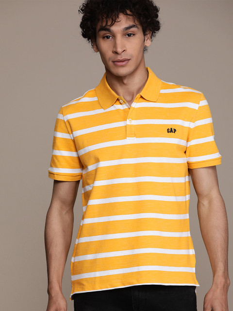 

GAP Men Yellow & White Striped Polo Collar T-shirt