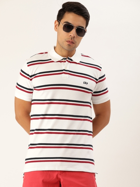 

GAP Men White & Red Striped Polo Collar T-shirt