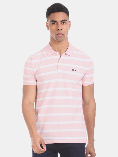 

GAP Men Pink Striped Polo Collar T-shirt