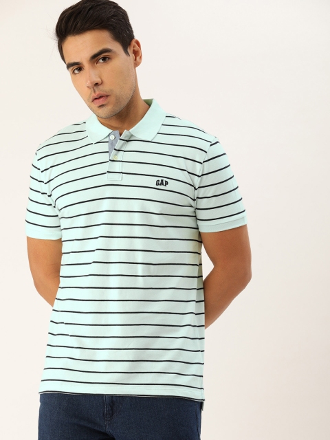 

GAP Men Turquoise Blue Striped Polo Collar T-shirt