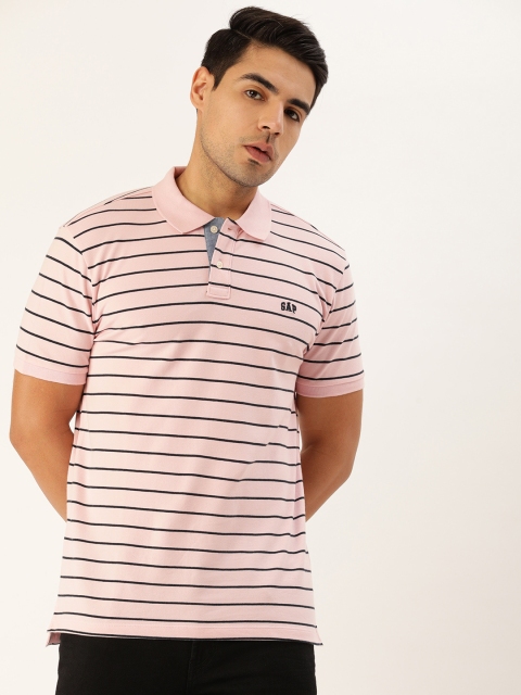 

GAP Men Pink & Navy Blue Striped Polo Collar T-shirt