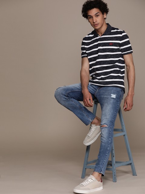 

GAP Men Navy Blue & White Striped Polo Collar T-shirt