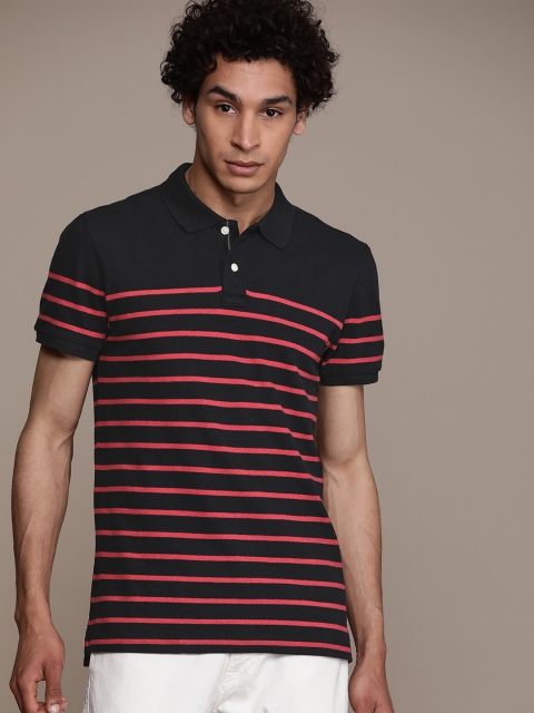 

GAP Men Black & Pink Striped Polo Collar T-shirt