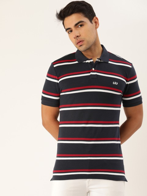 

GAP Men Navy Blue & Red Striped Polo Collar T-shirt