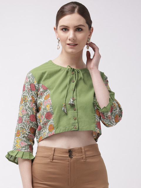 

InWeave Women Green Printed Cropped Top