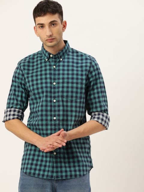 

GAP Men Teal Green & Navy Blue Slim Fit Checked Casual Shirt