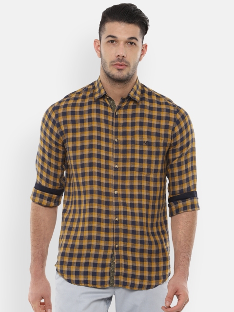 

Van Heusen Sport Men Yellow & Navy Blue Slim Fit Checked Casual Linen Shirt