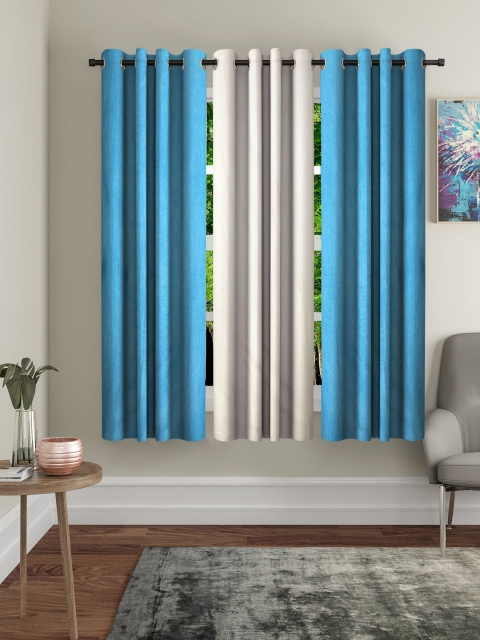 Turquoise Blue & Cream-Coloured Set of 3 Window Curtains