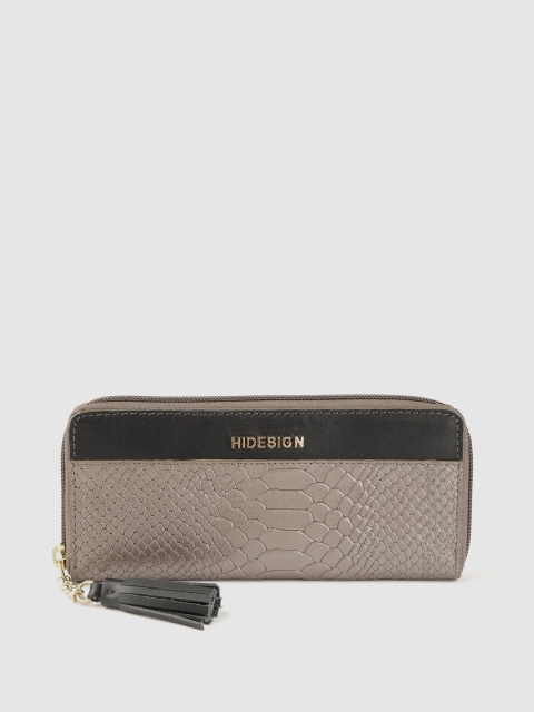 

Hidesign Women Gunmetal-Toned & Black Snakeskin Textured Leather Zip Around Wallet, Metallic