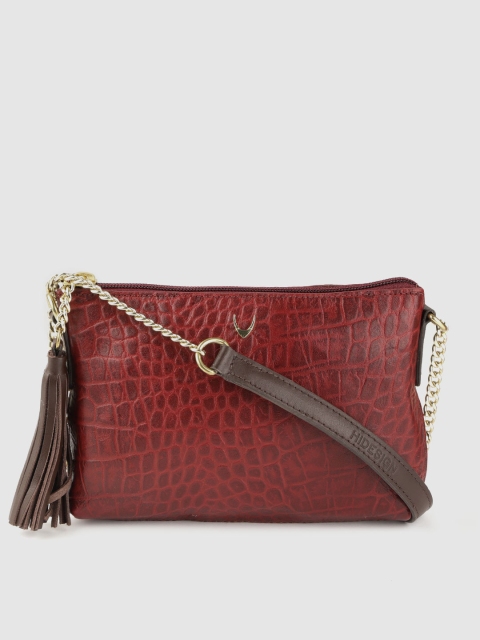 

Hidesign Maroon Croc-Textured Leather Sling Bag