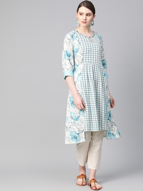 

Shree Women Off-White & Blue Checked Asymmetric A-Line Kurta