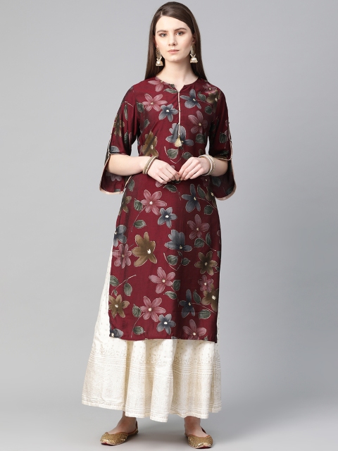 

Shree Women Maroon & Grey Floral Printed Straight Kurta